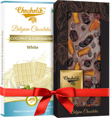 

Chocholik Gift - White Coconut, Cardamom Bar And 35% Milk, Cranberry, Mango Chocochip Belgium Chocolate Bar (100 gm x 2 Bars) Bars(Pack of 2, 100 g)