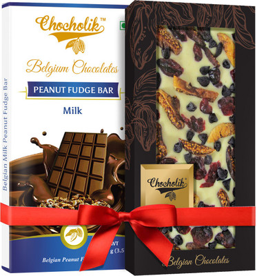 

Chocholik Gift - 32% Milk Peanut Fudge Bar And Cranberry, Fig White Chocolate Belgium Chocolate Bar (100 gm x 2 Bars) Bars(Pack of 2, 100 g)