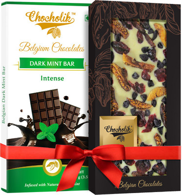 

Chocholik Gift - 54% Intense Dark Mint Bar And Cranberry, Fig White Chocolate Belgium Chocolate Bar (100 gm x 2 Bars) Bars(Pack of 2, 100 g)