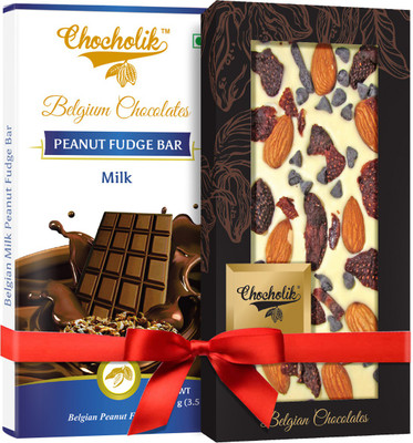 

Chocholik Gift - 32% Milk Peanut Fudge Bar And Strawberry, Almond With Choco Chips Belgium Chocolate Bar (100 gm x 2 Bars) Bars(Pack of 2, 100 g)