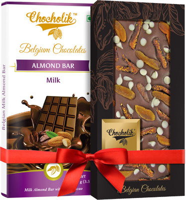 

Chocholik Gift - 32% Milk Almond Bar And 35% Milk Apricot, Fig With Choco Chips Belgium Chocolate Bar (100 gm x 2 Bars) Bars(Pack of 2, 100 g)