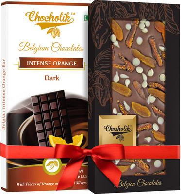 

Chocholik Gift - 54% Dark Intense Orange Bar And 35% Milk Apricot, Fig With Choco Chips Belgium Chocolate Bar (100 gm x 2 Bars) Bars(Pack of 2, 100 g)