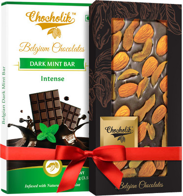 

Chocholik Gift - 54% Intense Dark Mint Bar And 70% Dark Apricot, Almond Belgium Chocolate Bar (100 gm x 2 Bars) Bars(Pack of 2, 100 g)
