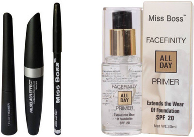 

Miss Boss Eyebrow Black Pencil With Mascara & Liquid Eyeliner (Set of 3) with Transparent Primer (Set of 2)(Set of 3)