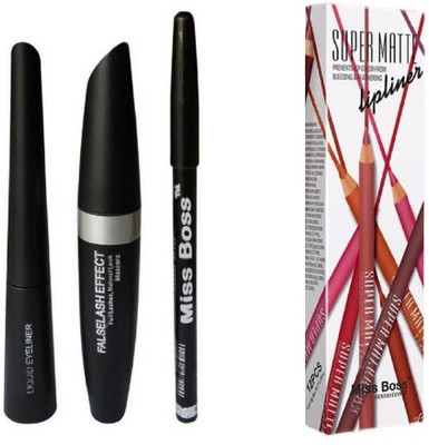 Miss Boss Super Matte lip Liner Pencil with Mascara, Eyeliner & Eyebrow Pencil (Set of 2)(Set of 3)