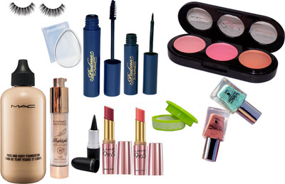 

importedd silicon puff, face and body foundation, eyeliner and mascara, 3 shade blusher, stick kajal, professional nail polish pack of 2, prep+prime highlighter, lipstick pack of 2, nail polish remover, eyelashes(Set of 13)
