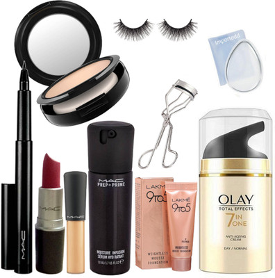

importedd silicon puff & studio fix compact, mineralize concealer, prep+prime moisture infusion serum, finish matte lipstick, pen eyeliner, total effect 7 in one anti ageing cream, mousse foundation eyelashes with eyelashes curler(Set of 10)