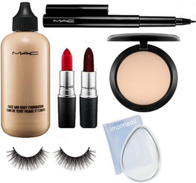 

importedd silicon puff, face and body foundation, finish matte lipstick pack of 2, pen eyeliner, studio fix compact, eyelashes(Set of 7)