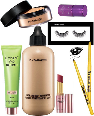 

power point eyelashes,loose powder,nail paint,lipstick,colossal kajal pack of 2,lakme naturale cc cream,face and body foundation(Set of 8)