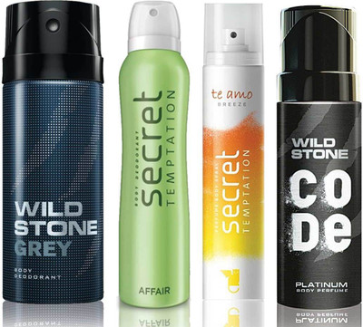 

Wild Stone Grey Deodorant (150 ml), Code Platinum Body Perfume(120 ml) and ST Affair Deodorant (150 ml), Te Amo Breeze Body Perfume (120 ml), Pack of 4 Perfume Body Spray - For Men & Women(540 ml, Pack of 4)