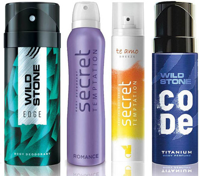 

Wild Stone Edge Deodorant (150 ml), Code Titanium Body Perfume(120 ml) and ST Romance Deodorant (150 ml), Te Amo Breeze Body Perfume (120 ml), Pack of 4 Perfume Body Spray - For Men & Women(540 ml, Pack of 4)