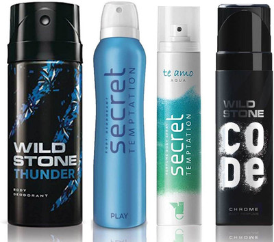 

Wild Stone Thunder Deodorant (150 ml), Code Chrome Body Perfume(120 ml) and ST Play Deodorant (150 ml), Te Amo Aqua Body Perfume (120 ml), Pack of 4 Perfume Body Spray - For Men & Women(540 ml, Pack of 4)