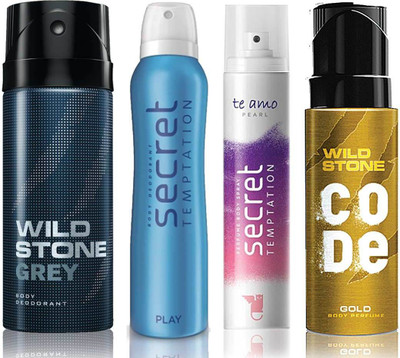 

Wild Stone Grey Deodorant (150 ml), Code Gold Body Perfume(120 ml) and ST Play Deodorant (150 ml), Te Amo Pearl Body Perfume (120 ml), Pack of 4 Perfume Body Spray - For Men & Women(540 ml, Pack of 4)