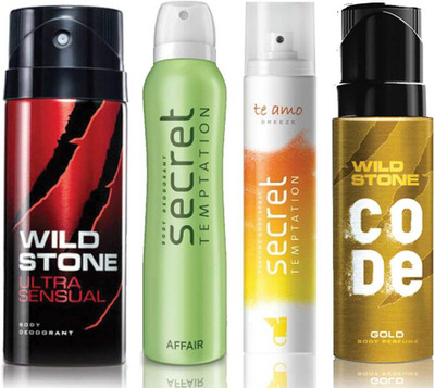 

Wild Stone Ultra Sensual Deodorant (150 ml), Code Gold Body Perfume(120 ml) and ST Affair Deodorant (150 ml), Te Amo Breeze Body Perfume (120 ml), Pack of 4 Perfume Body Spray - For Men & Women(540 ml, Pack of 4)