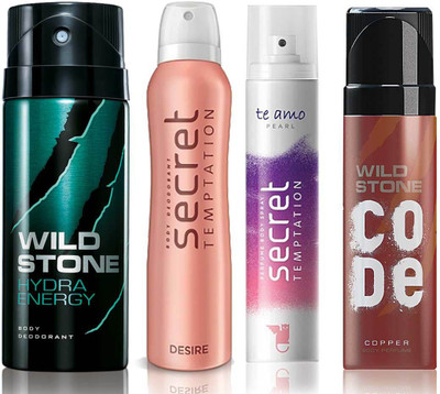 

Wild Stone Hydra Energy Deodorant (150 ml), Code Copper Perfume(120 ml) and ST Desire Deodorant (150 ml), Te Amo Pearl Body Perfume (120 ml), Pack of 4 Perfume Body Spray - For Men & Women(540 ml, Pack of 4)
