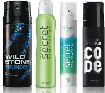 

Wild Stone Thunder Deodorant (150 ml), Code Chrome Body Perfume(120 ml) and ST Affair Deodorant (150 ml), Te Amo Aqua Body Perfume (120 ml), Pack of 4 Perfume Body Spray - For Men & Women(540 ml, Pack of 4)