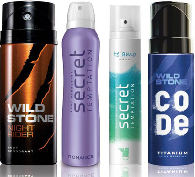 

Wild Stone Night Rider Deodorant (150 ml), Code Titanium Body Perfume(120 ml) and ST Romance Deodorant (150 ml), Te Amo Aqua Body Perfume (120 ml), Pack of 4 Perfume Body Spray - For Men & Women(540 ml, Pack of 4)