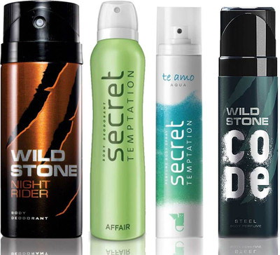 

Wild Stone Night Rider Deodorant (150 ml), Code Steel Body Perfume(120 ml) and ST Affair Deodorant (150 ml), Te Amo Aqua Body Perfume (120 ml), Pack of 4 Perfume Body Spray - For Men & Women(540 ml, Pack of 4)