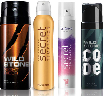 

Wild Stone Night Rider Deodorant (150 ml), Code Steel Body Perfume(120 ml) and ST Mystery Deodorant (150 ml), Te Amo Pearl Body Perfume (120 ml), Pack of 4 Perfume Body Spray - For Men & Women(540 ml, Pack of 4)