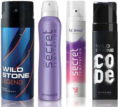 

Wild Stone Legend Deodorant (150 ml), Code Chrome Body Perfume(120 ml) and ST Romance Deodorant (150 ml), Te Amo Pearl Body Perfume (120 ml), Pack of 4 Perfume Body Spray - For Men & Women(540 ml, Pack of 4)