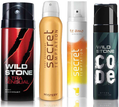 

Wild Stone Ultra Sensual Deodorant (150 ml), Code Steel Body Perfume(120 ml) and ST Mystery Deodorant (150 ml), Te Amo Breeze Body Perfume (120 ml), Pack of 4 Perfume Body Spray - For Men & Women(540 ml, Pack of 4)