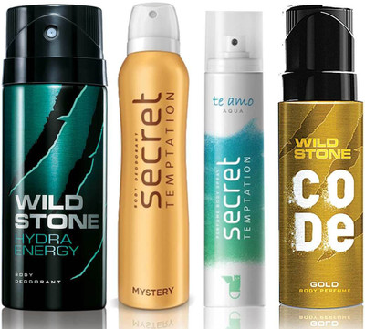 

Wild Stone Hydra Energy Deodorant (150 ml), Code Gold Body Perfume(120 ml) and ST Mystery Deodorant (150 ml), Te Amo Aqua Body Perfume (120 ml), Pack of 4 Perfume Body Spray - For Men & Women(540 ml, Pack of 4)