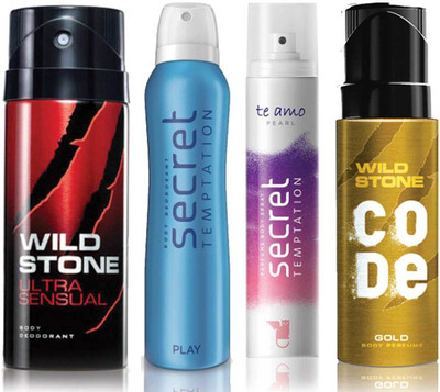 

Wild Stone Ultra Sensual Deodorant (150 ml), Code Gold Body Perfume(120 ml) and ST Play Deodorant (150 ml), Te Amo Pearl Body Perfume (120 ml), Pack of 4 Perfume Body Spray - For Men & Women(540 ml, Pack of 4)