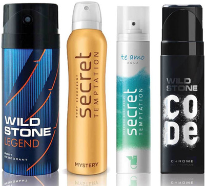 

Wild Stone Legend Deodorant (150 ml), Code Chrome Body Perfume(120 ml) and ST Mystery Deodorant (150 ml), Te Amo Aqua Body Perfume (120 ml), Pack of 4 Perfume Body Spray - For Men & Women(540 ml, Pack of 4)