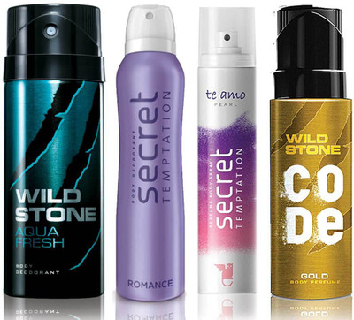 

Wild Stone Aqua Fresh Deodorant (150 ml), Code Gold Body Perfume(120 ml) and ST Romance Deodorant (150 ml), Te Amo Pearl Body Perfume (120 ml), Pack of 4 Perfume Body Spray - For Men & Women(540 ml, Pack of 4)