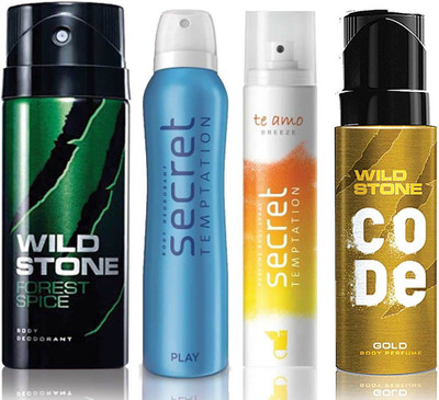 

Wild Stone Forest Spice Deodorant (150 ml), Code Gold Body Perfume(120 ml) and ST Play Deodorant (150 ml), Te Amo Breeze Body Perfume (120 ml), Pack of 4 Perfume Body Spray - For Men & Women(540 ml, Pack of 4)