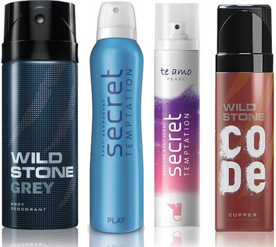 

Wild Stone Grey Deodorant (150 ml), Code Copper Perfume(120 ml) and ST Play Deodorant (150 ml), Te Amo Pearl Body Perfume (120 ml), Pack of 4 Perfume Body Spray - For Men & Women(540 ml, Pack of 4)