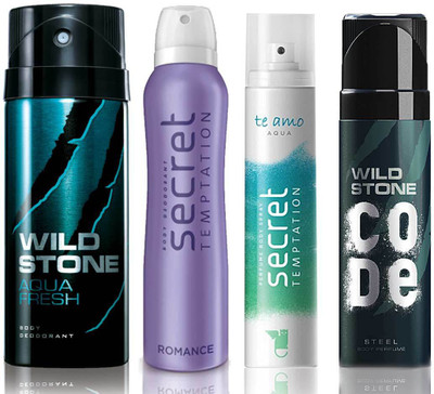

Wild Stone Aqua Fresh Deodorant (150 ml), Code Steel Body Perfume(120 ml) and ST Romance Deodorant (150 ml), Te Amo Aqua Body Perfume (120 ml), Pack of 4 Perfume Body Spray - For Men & Women(540 ml, Pack of 4)