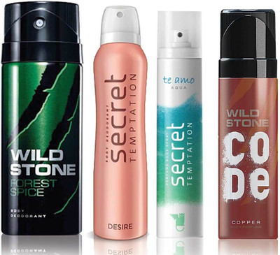 

Wild Stone Forest Spice Deodorant (150 ml), Code Copper Perfume(120 ml) and ST Desire Deodorant (150 ml), Te Amo Aqua Body Perfume (120 ml), Pack of 4 Perfume Body Spray - For Men & Women(540 ml, Pack of 4)