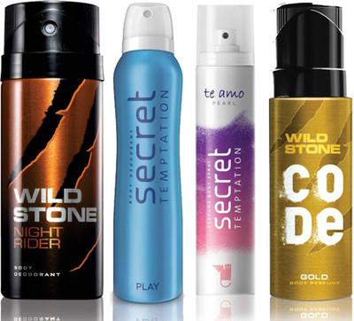 

Wild Stone Night Rider Deodorant (150 ml), Code Gold Body Perfume(120 ml) and ST Play Deodorant (150 ml), Te Amo Pearl Body Perfume (120 ml), Pack of 4 Perfume Body Spray - For Men & Women(540 ml, Pack of 4)