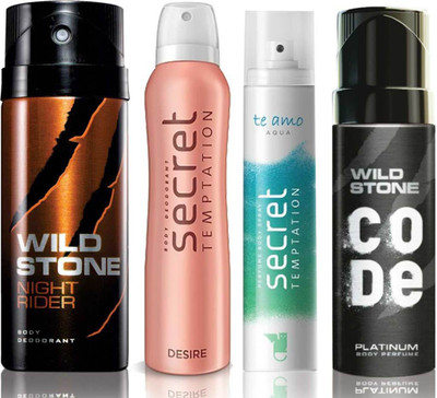 

Wild Stone Night Rider Deodorant (150 ml), Code Platinum Body Perfume(120 ml) and ST Desire Deodorant (150 ml), Te Amo Aqua Body Perfume (120 ml), Pack of 4 Perfume Body Spray - For Men & Women(540 ml, Pack of 4)