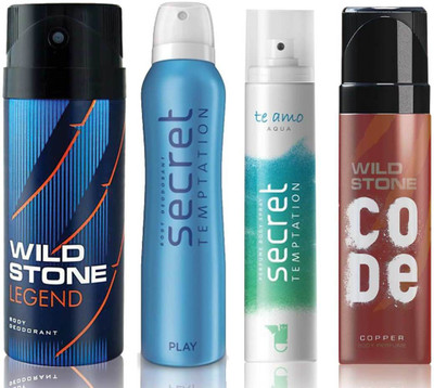 

Wild Stone Legend Deodorant (150 ml), Code Copper Perfume(120 ml) and ST Play Deodorant (150 ml), Te Amo Aqua Body Perfume (120 ml), Pack of 4 Perfume Body Spray - For Men & Women(540 ml, Pack of 4)