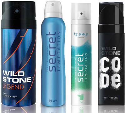 

Wild Stone Legend Deodorant (150 ml), Code Chrome Body Perfume(120 ml) and ST Play Deodorant (150 ml), Te Amo Aqua Body Perfume (120 ml), Pack of 4 Perfume Body Spray - For Men & Women(540 ml, Pack of 4)