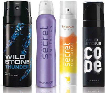 

Wild Stone Thunder Deodorant (150 ml), Code Chrome Body Perfume(120 ml) and ST Romance Deodorant (150 ml), Te Amo Breeze Body Perfume (120 ml), Pack of 4 Perfume Body Spray - For Men & Women(540 ml, Pack of 4)