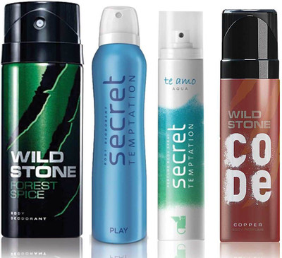 

Wild Stone Forest Spice Deodorant (150 ml), Code Copper Perfume(120 ml) and ST Play Deodorant (150 ml), Te Amo Aqua Body Perfume (120 ml), Pack of 4 Perfume Body Spray - For Men & Women(540 ml, Pack of 4)