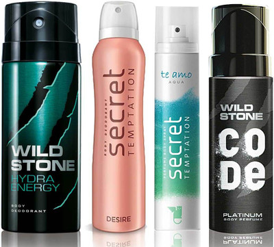 

Wild Stone Hydra Energy Deodorant (150 ml), Code Platinum Body Perfume(120 ml) and ST Desire Deodorant (150 ml), Te Amo Aqua Body Perfume (120 ml), Pack of 4 Perfume Body Spray - For Men & Women(540 ml, Pack of 4)