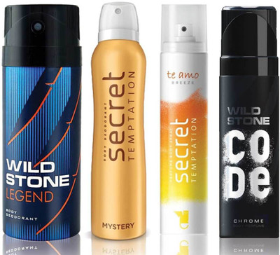 

Wild Stone Legend Deodorant (150 ml), Code Chrome Body Perfume(120 ml) and ST Mystery Deodorant (150 ml), Te Amo Breeze Body Perfume (120 ml), Pack of 4 Perfume Body Spray - For Men & Women(540 ml, Pack of 4)