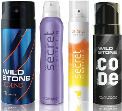 

Wild Stone Legend Deodorant (150 ml), Code Platinum Body Perfume(120 ml) and ST Romance Deodorant (150 ml), Te Amo Breeze Body Perfume (120 ml), Pack of 4 Perfume Body Spray - For Men & Women(540 ml, Pack of 4)