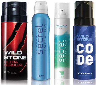 

Wild Stone Ultra Sensual Deodorant (150 ml), Code Titanium Body Perfume(120 ml) and ST Play Deodorant (150 ml), Te Amo Aqua Body Perfume (120 ml), Pack of 4 Perfume Body Spray - For Men & Women(540 ml, Pack of 4)