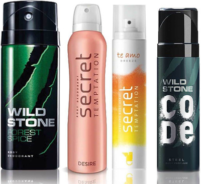 

Wild Stone Forest Spice Deodorant (150 ml), Code Steel Body Perfume(120 ml) and ST Desire Deodorant (150 ml), Te Amo Breeze Body Perfume (120 ml), Pack of 4 Perfume Body Spray - For Men & Women(540 ml, Pack of 4)