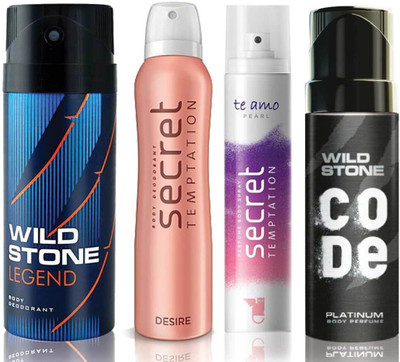 

Wild Stone Legend Deodorant (150 ml), Code Platinum Body Perfume(120 ml) and ST Desire Deodorant (150 ml), Te Amo Pearl Body Perfume (120 ml), Pack of 4 Perfume Body Spray - For Men & Women(540 ml, Pack of 4)