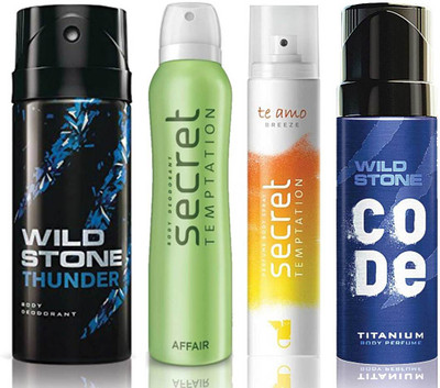 

Wild Stone Thunder Deodorant (150 ml), Code Titanium Body Perfume(120 ml) and ST Affair Deodorant (150 ml), Te Amo Breeze Body Perfume (120 ml), Pack of 4 Perfume Body Spray - For Men & Women(540 ml, Pack of 4)