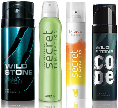 

Wild Stone Aqua Fresh Deodorant (150 ml), Code Steel Body Perfume(120 ml) and ST Affair Deodorant (150 ml), Te Amo Breeze Body Perfume (120 ml), Pack of 4 Perfume Body Spray - For Men & Women(540 ml, Pack of 4)