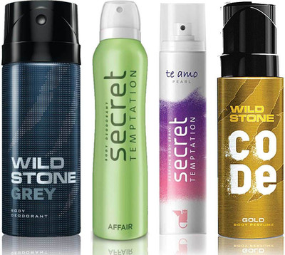 

Wild Stone Grey Deodorant (150 ml), Code Gold Body Perfume(120 ml) and ST Affair Deodorant (150 ml), Te Amo Pearl Body Perfume (120 ml), Pack of 4 Perfume Body Spray - For Men & Women(540 ml, Pack of 4)