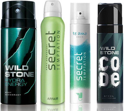 

Wild Stone Hydra Energy Deodorant (150 ml), Code Steel Body Perfume(120 ml) and ST Affair Deodorant (150 ml), Te Amo Aqua Body Perfume (120 ml), Pack of 4 Perfume Body Spray - For Men & Women(540 ml, Pack of 4)