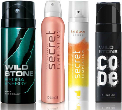 

Wild Stone Hydra Energy Deodorant (150 ml), Code Chrome Body Perfume(120 ml) and ST Desire Deodorant (150 ml), Te Amo Breeze Body Perfume (120 ml), Pack of 4 Perfume Body Spray - For Men & Women(540 ml, Pack of 4)